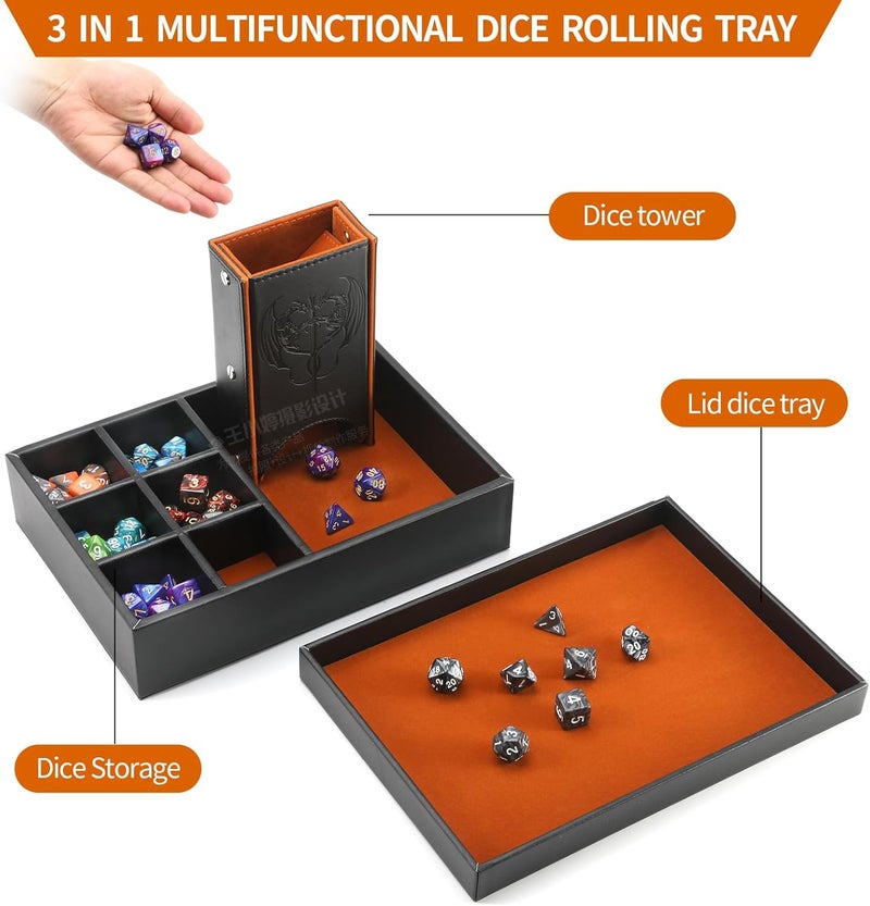 Grajar DND Dice Tray and Dice Tower with Storage, 3 in 1 Dice Rolling Tray with Lid, Portable Dice Box Storage, DND dice Holder for D&D RPG MTG Table Games - Brown - Image 3